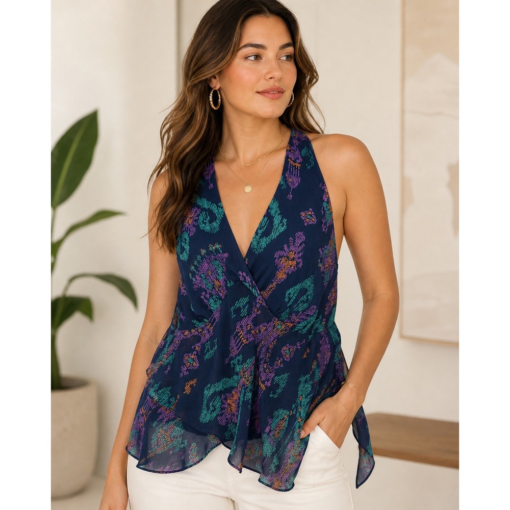 Plus Size Ikat Halter Tunic Open Back Flowy Boho Top Summer